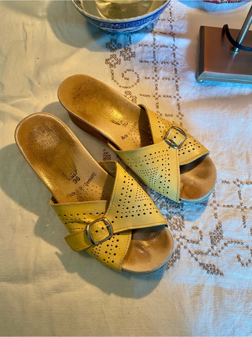Worishofer Yellow Women’s Leather Cork Wedge Slide Sandal US 6 EU 36